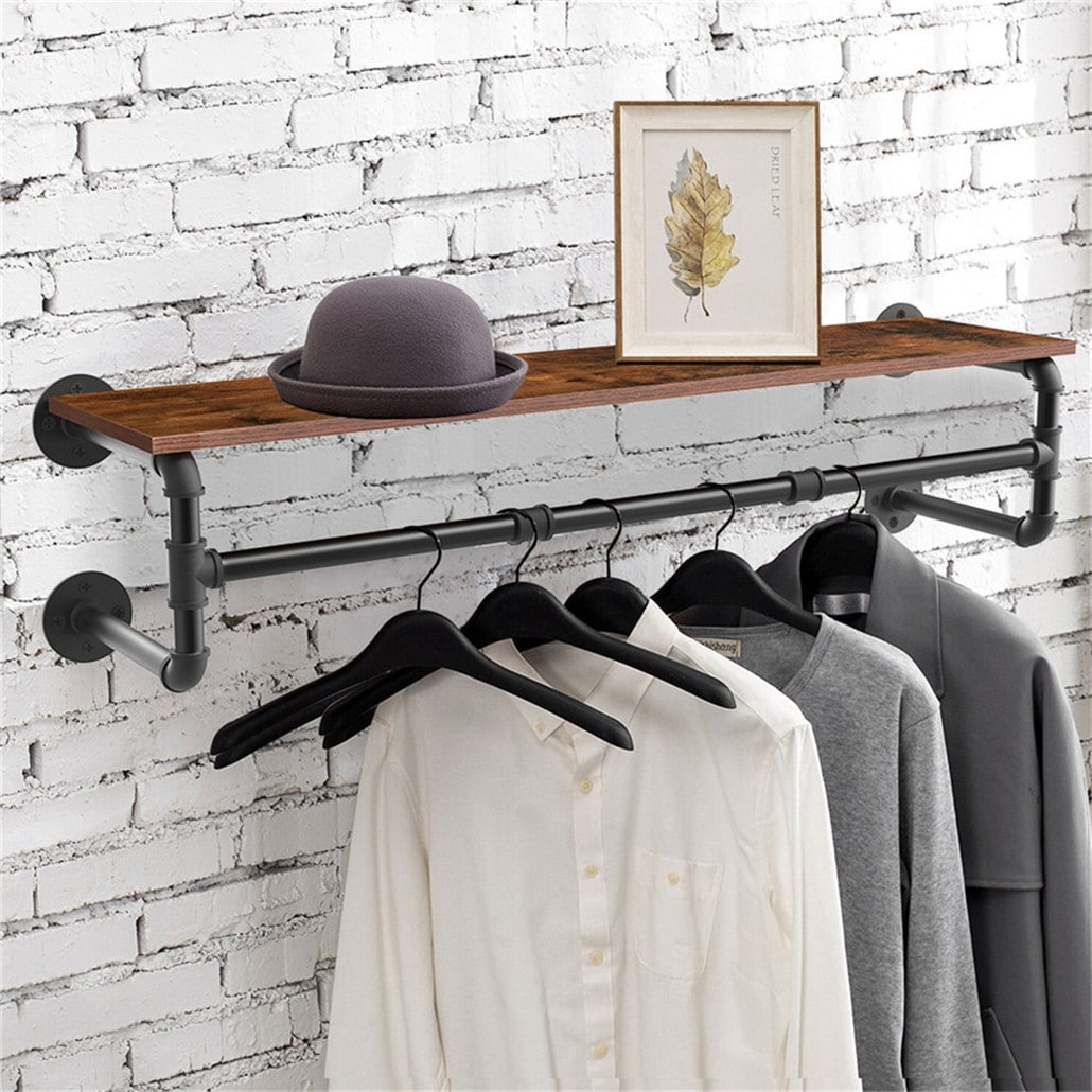 Industrial Pipe Garment Rack with Wood Shelf Wall Mounted