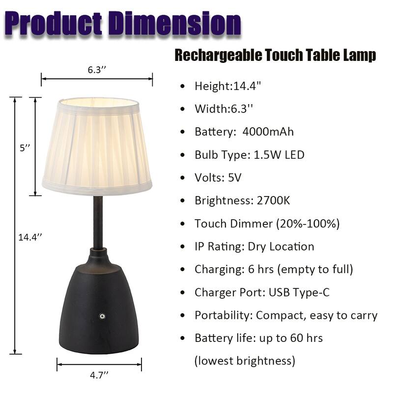 Classic Rechargeable LED Table Lamp with Fabric Shade Touch Control USB Cordless Nightstand Light for Nightstand Room - W6.3‘’