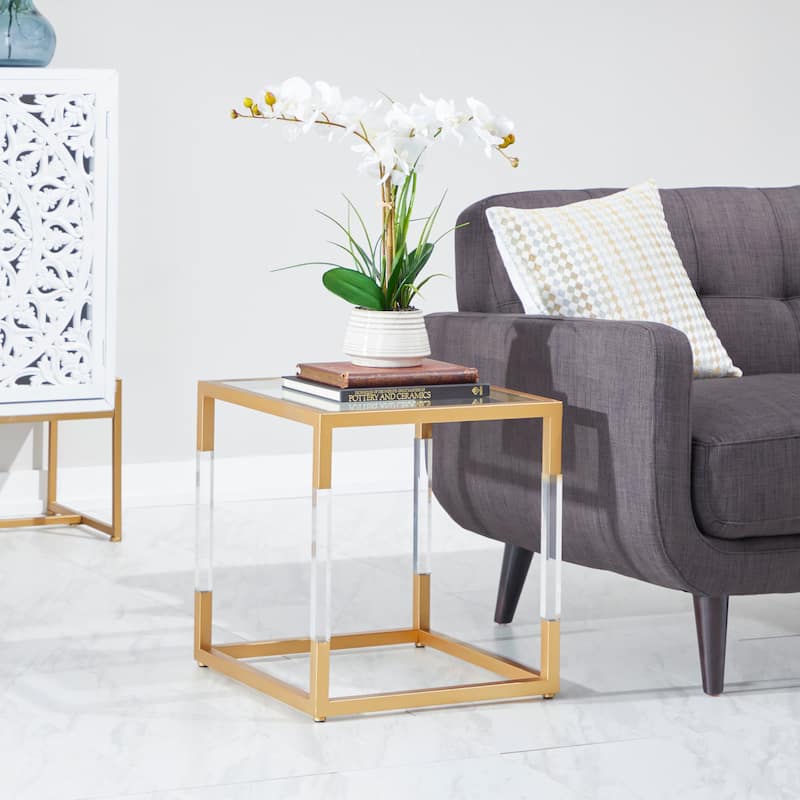 Metal Floral Cube Shaped Accent Table with Clear Glass Top and Acrylic Legs - Silver or Gold - Roche River Decor