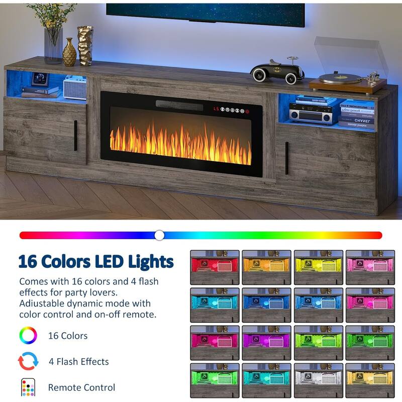 Bossin 80" Fireplace TV Stand with 36" Electric Fireplace, TV Stand for TVs Up to 90", 16 Colors LED Lights/Entertainment Center