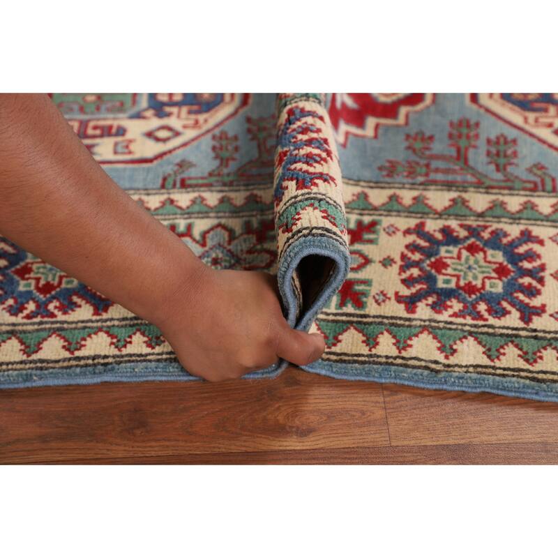Light Blue Geometric Kazak Rug Hand-Knotted Oriental Wool Carpet - 4'11" x 6'8"