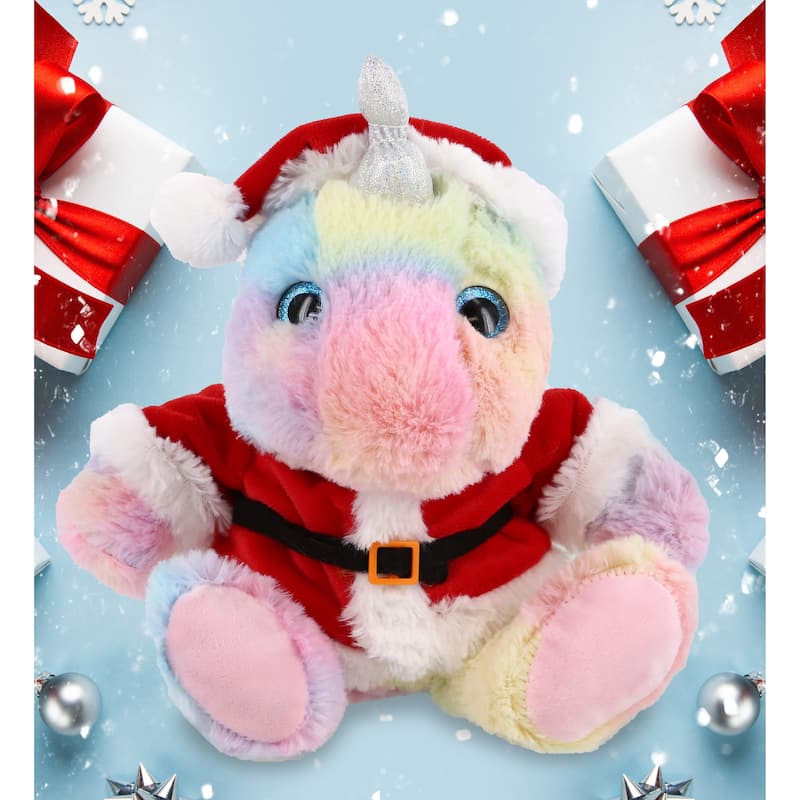 DolliBu Santa Sitting Rainbow Unicorn Stuffed Animal Plush with Outfit - 10 inches