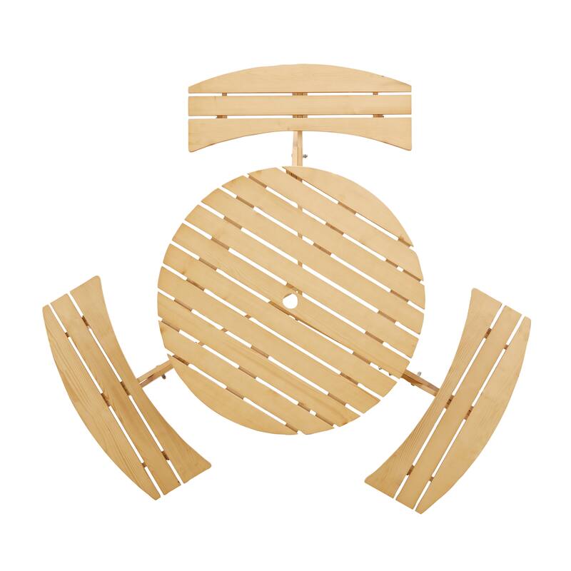 Outdoor Wood Picnic Table and Bench Set, 6 Person Round Dining Table with 3 Built In Benches and Umbrella Hole