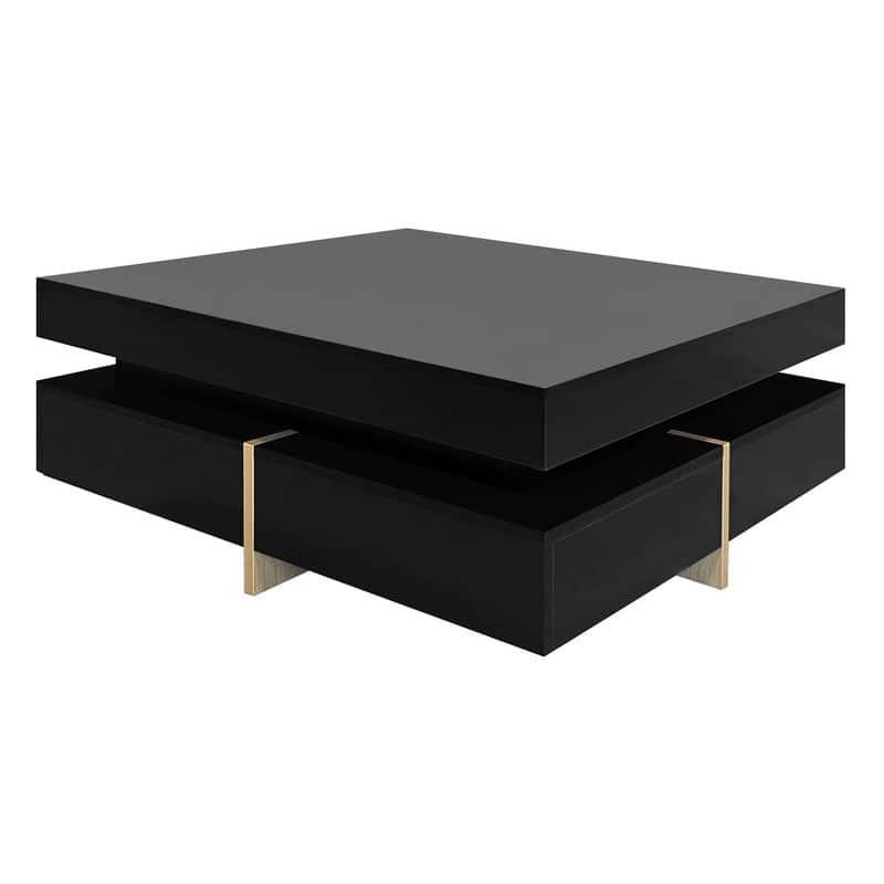 Modern Square Coffee Table with 4 Drawers, High Gloss Cocktail Tea Table with Wood Grain Legs, Accent Center Table
