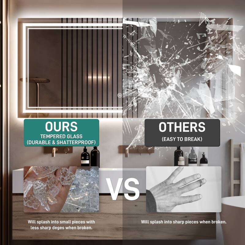 Durx-litecrete LED Wall Mirror Rectangular Frameless Dual Strips LED Bathroom Vanity Mirror