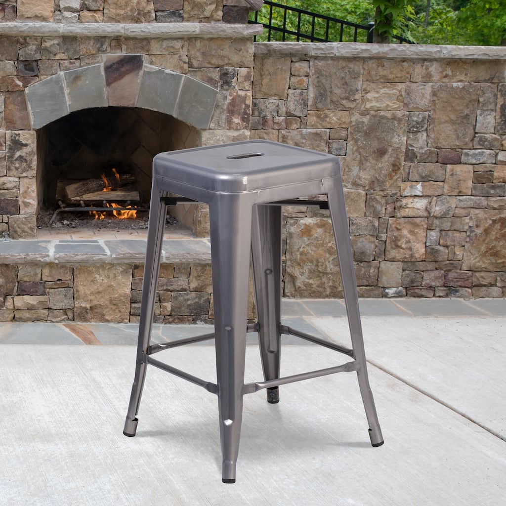 24" High Backless Clear Coated Metal Indoor Counter Height Stool w/ Square Seat
