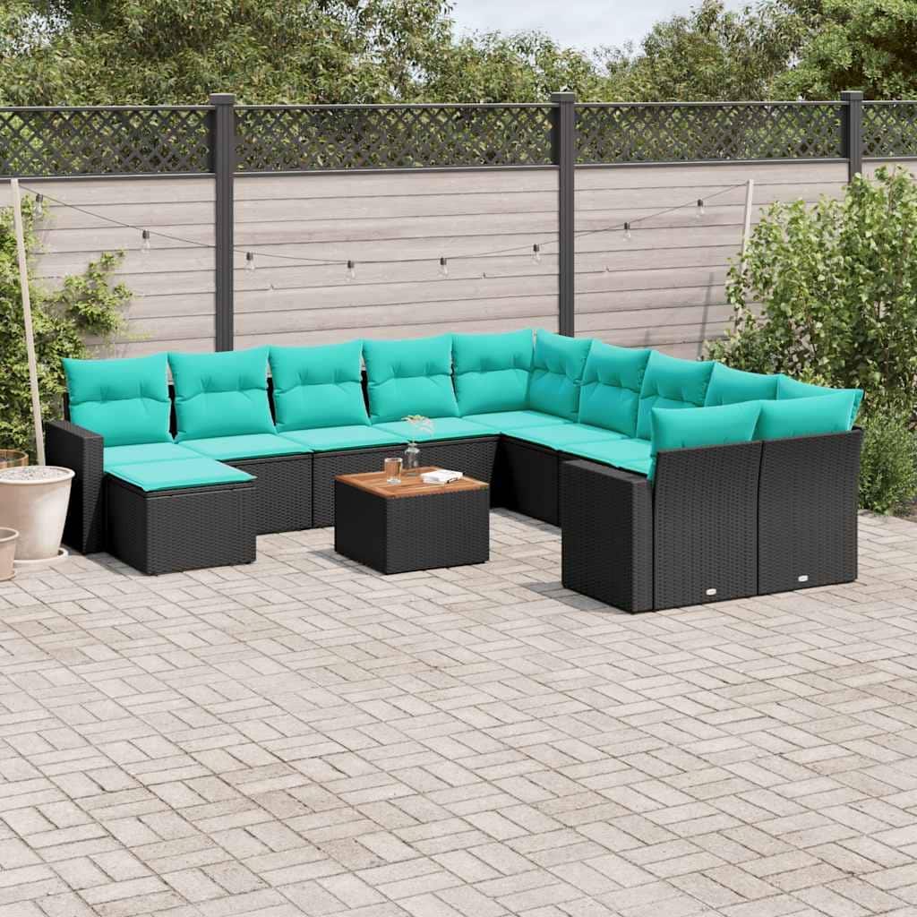 vidaXL 12 Piece Patio Sofa Set with Cushions Black Poly Rattan - 24.4x24.4x27.2