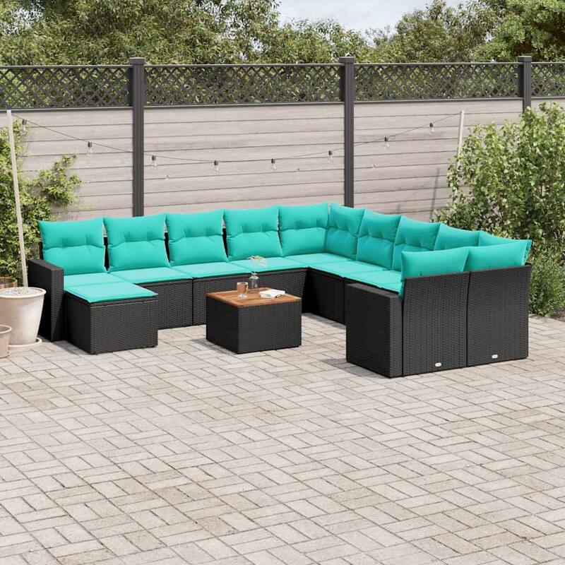 vidaXL 12 Piece Patio Sofa Set with Cushions Black Poly Rattan - 24.4x24.4x27.2