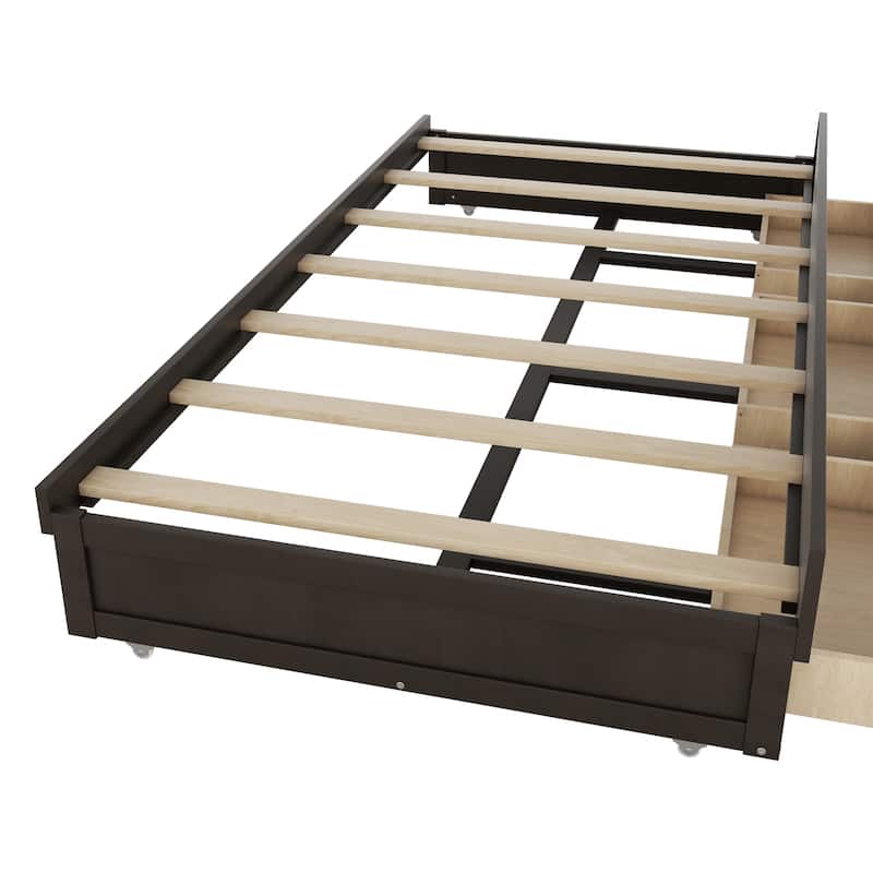 Wood Captain Bed Platform Bed with Trundle and 3 Drawers, Single Bed Frame with Storage Headboard and Integrated LED Light