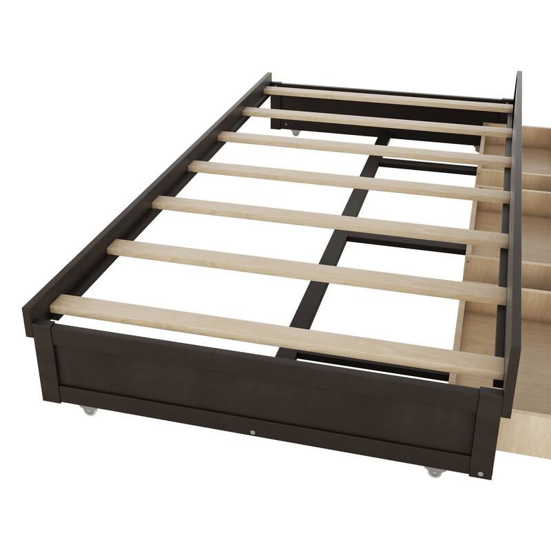 Wooden Captains Bed Platform Bed with Trundle, Bookcase, Drawers