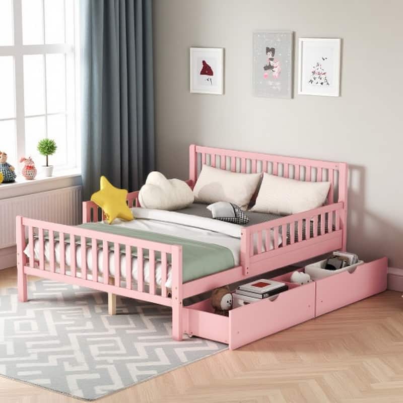 Full Size Wooden Platform Bed with Safety Guardrails and 2 Storage Drawers, Durable Pine Construction, Space-Saving Design - Pink