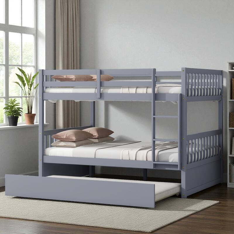 Full Over Full Rubber Wood Bunk Bed with Trundle, Convertible into Two Full Beds, Ladder and Guardrails Included - Grey - Full