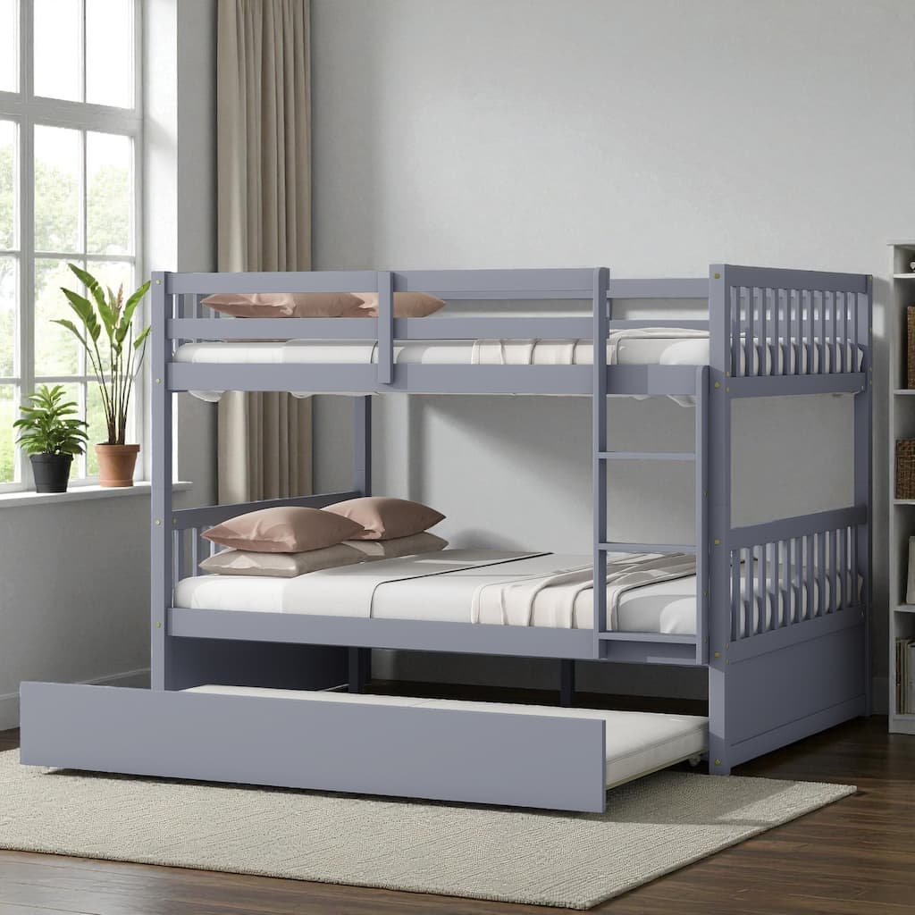Full Over Full Rubber Wood Bunk Bed with Trundle, Convertible into Two Full Beds, Ladder and Guardrails Included
