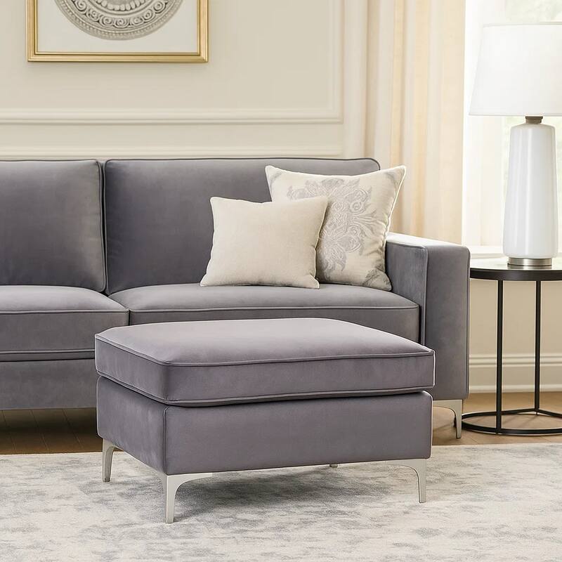 Ottoman with Velvet Upholstery and Metal Legs, Gray