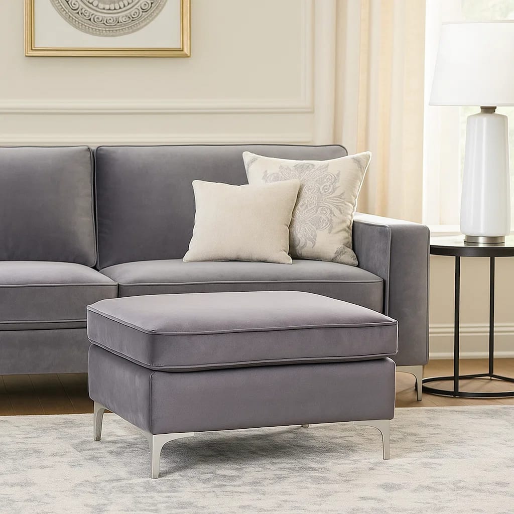 Ottoman with Velvet Upholstery and Metal Legs, Gray