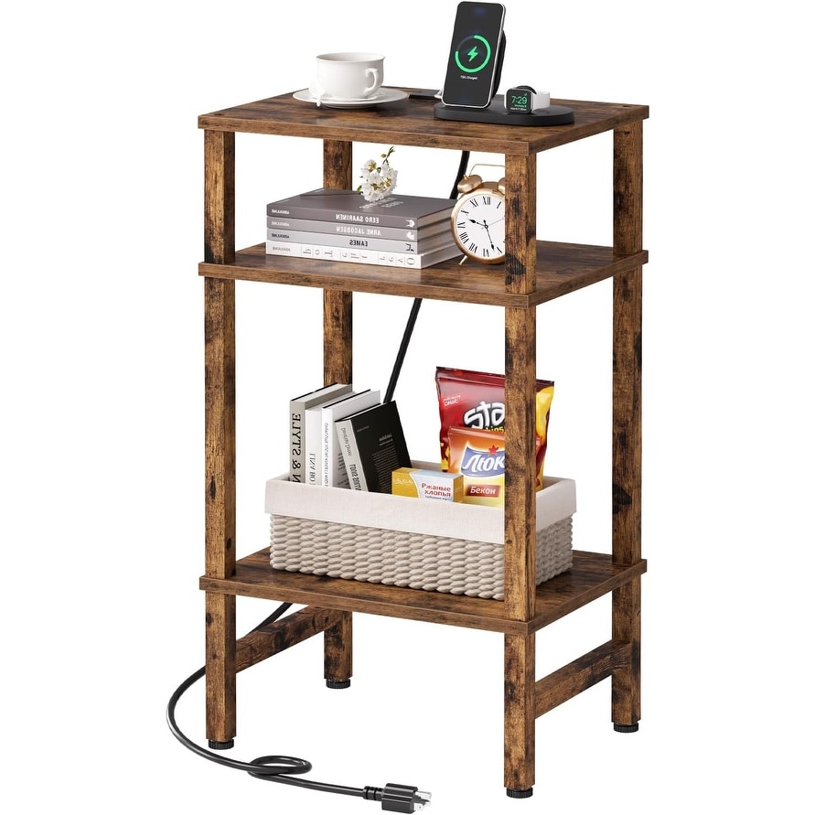 3-Tier End Table with Storage & Charging Ports, Narrow Nightstand for Living Room, Bedroom or Office, Rustic Brown