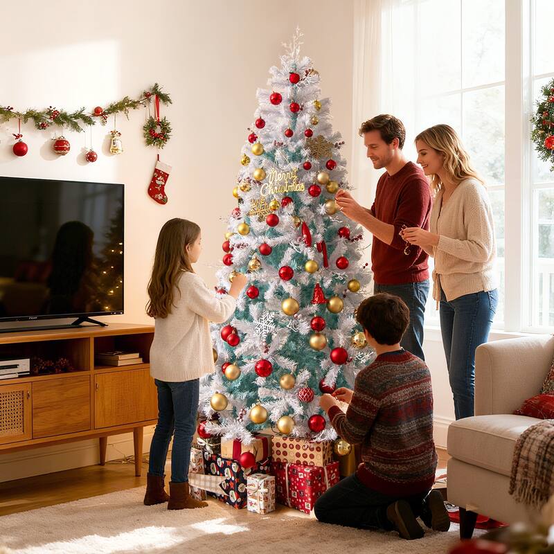 Gymax 7 FT Pre-Lit Artificial Christmas Tree w/855 Snow Flocked Branch
