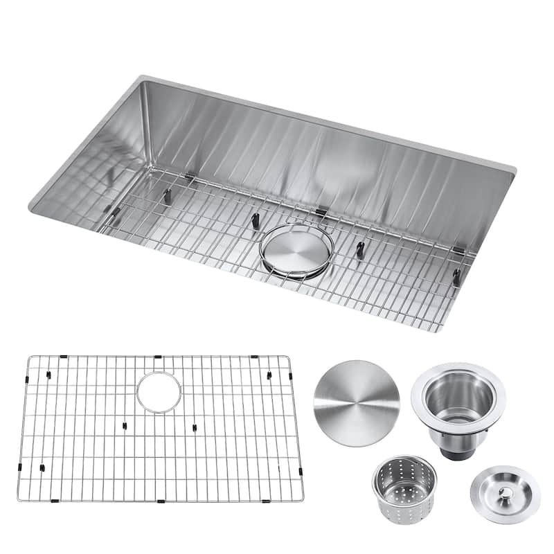 30" Undermount Single Bowl Stainless Steel Handmade Kitchen Sink & Drain Strainer, Bottom Grid, All in One (30" x 18" x 9")