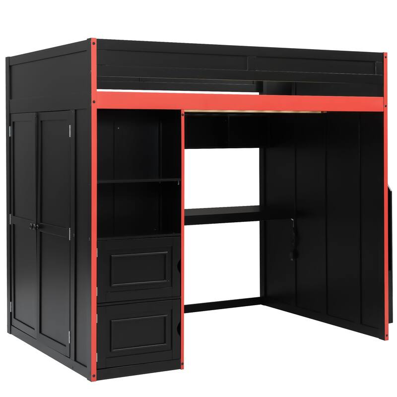 Black Gaming Loft Bed with Wardrobe, Desk, LED Lights, Cabinets and Storage Stairs
