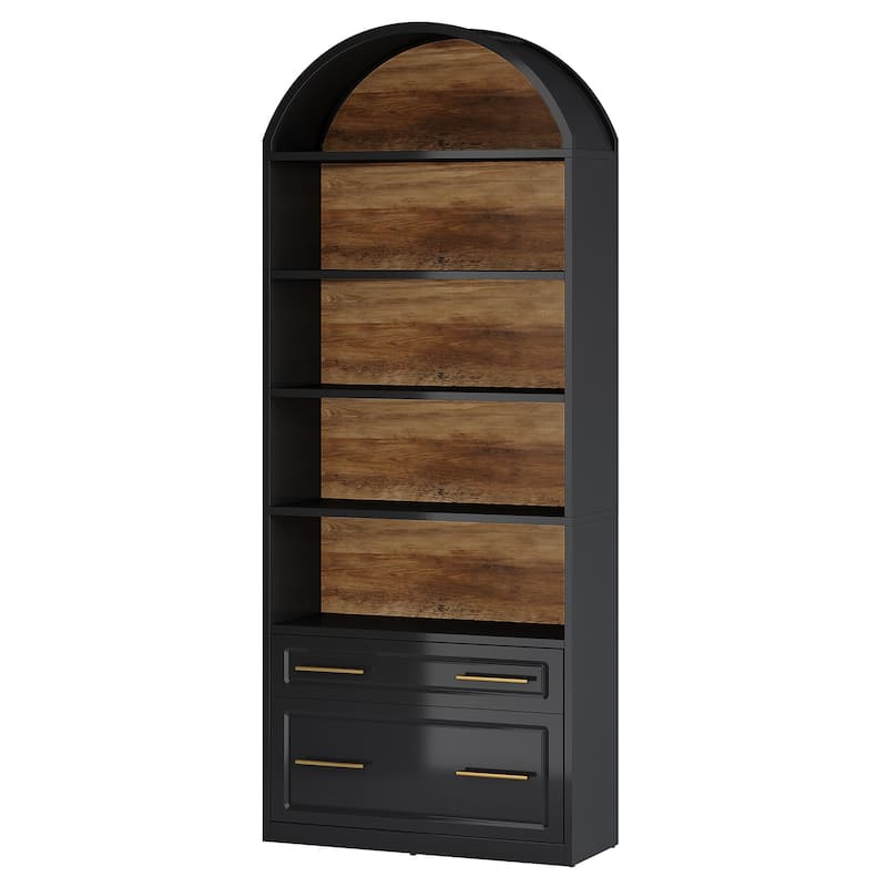 5-Tier White Arched Bookshelf with File Cabinet Drawer, 76.8" Tall Freestanding Wooden Bookcase