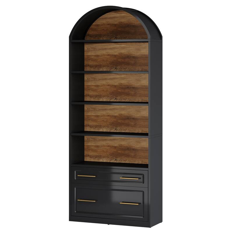 76.8" Tall Arched Bookcase, 5-Tier Modern Bookshelf with File Cabinet Drawer