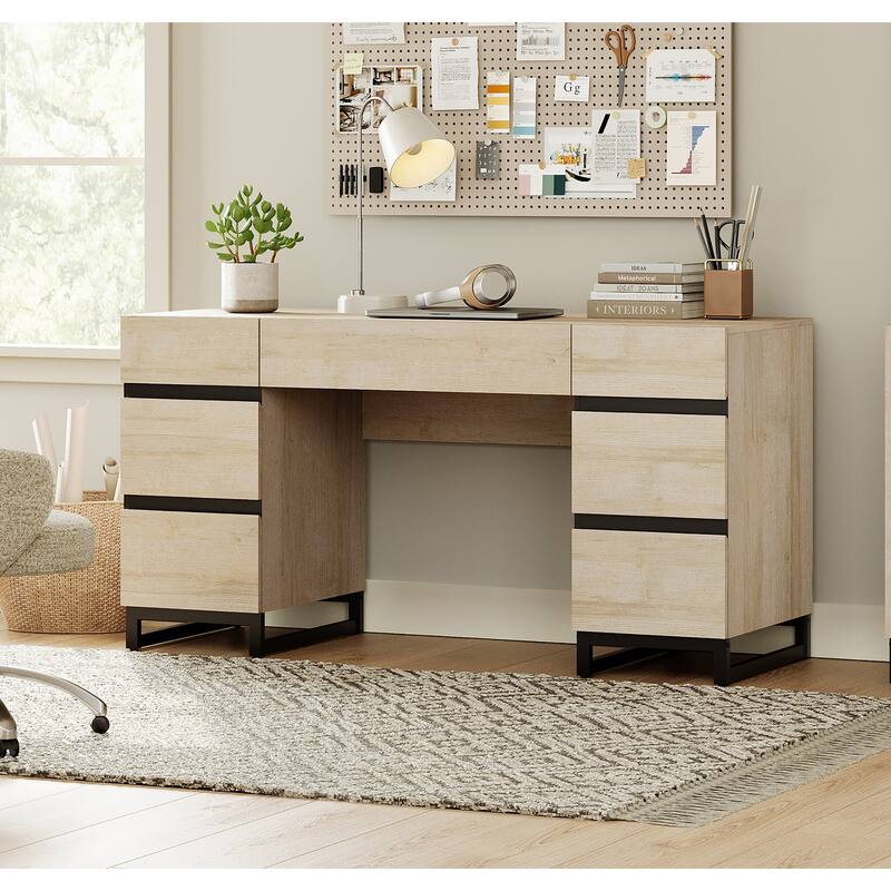 WAMPAT 59in Modern Executive Desk with Charging Station & Drawers and 2 PCS 72in Tall Bookcases with Storage Cabinet.
