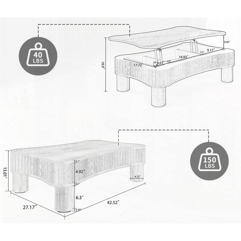 Lift Top Coffee Table with Fluted Panel Hidden Storage