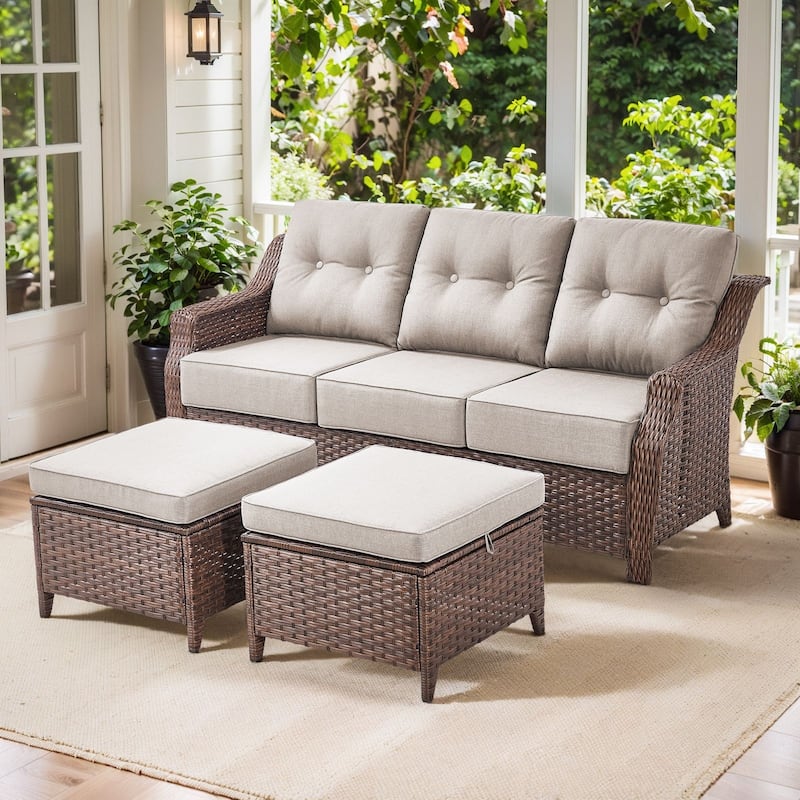 Artisan 3-Seat Wicker Patio Sofa with 6-Inch Thick Cushions and 2 Ottomans