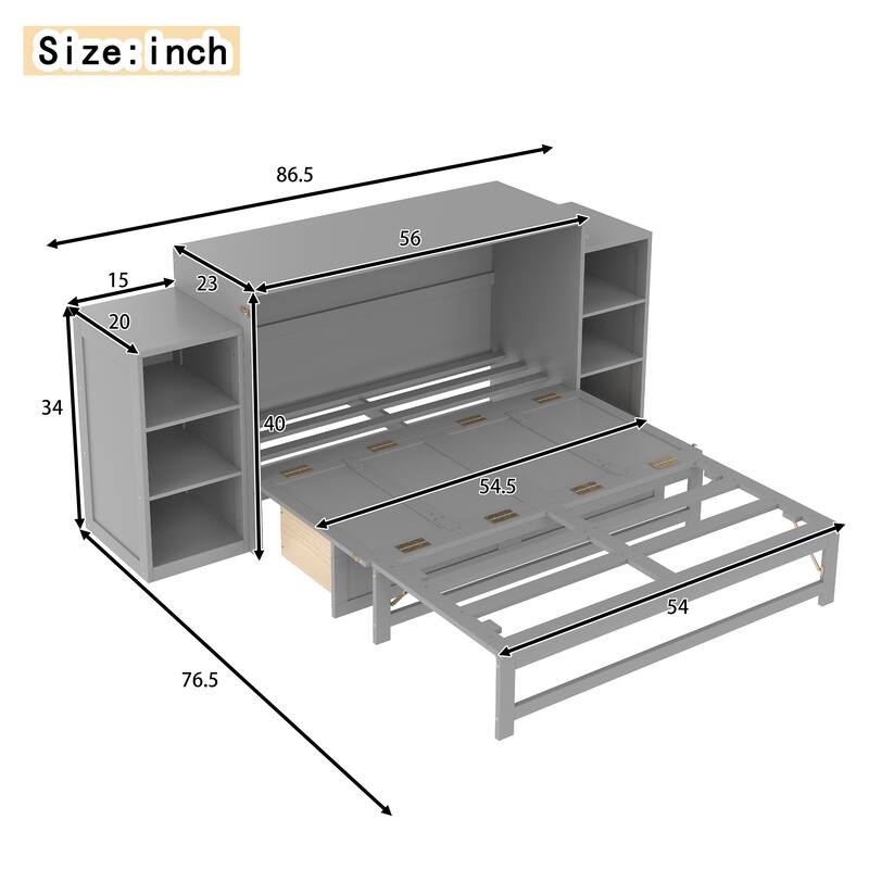 Full/Queen Size Murphy Bed with Storage Drawers and Shelves, Space-Saving Foldable Wall Bed for Guest Room