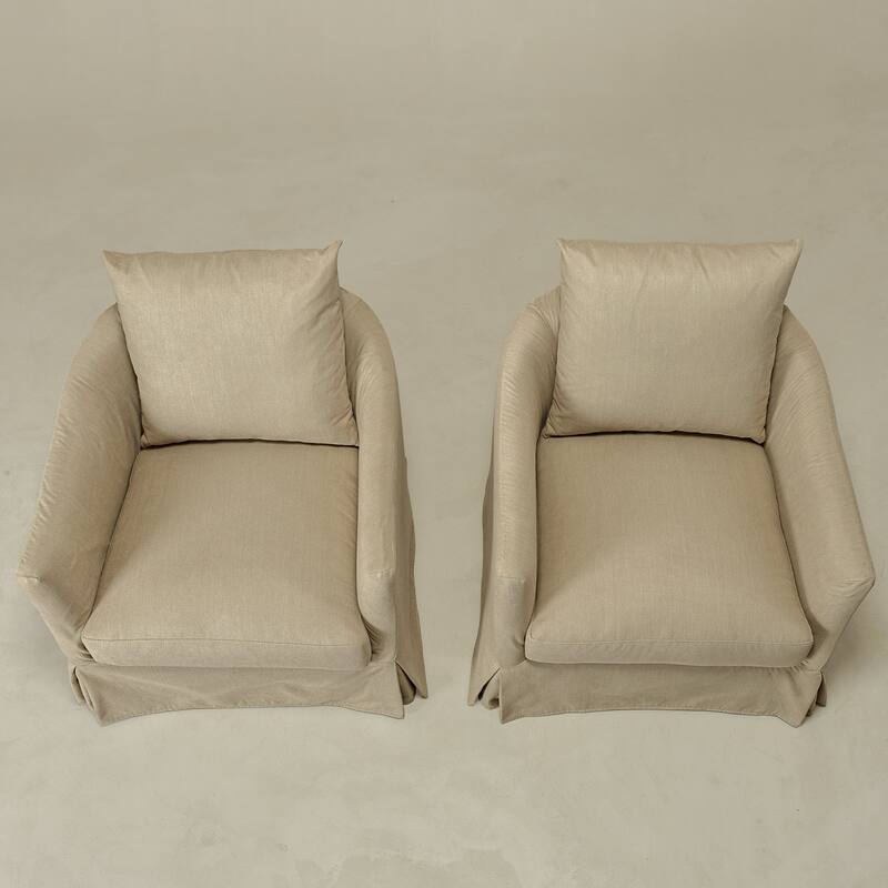 KINWELL 32" W Down Fill Upholstered Slipcovered Swivel Barrel Accent Armchair