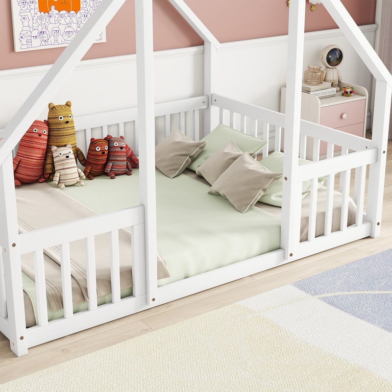 Full Wood House-Shaped Floor Bed with Fence, Guardrails, White