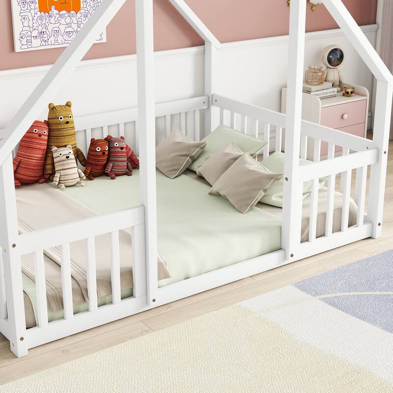 Full Wood House-Shaped Floor Bed with Fence, Guardrails for Small Space, Living Room, Bedroom, Apartment