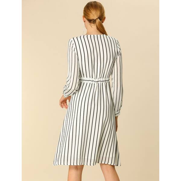 Women S Casual Elegant Long Sleeve V Neck Button Down Work Striped Wrap Dress White Overstock 30133910