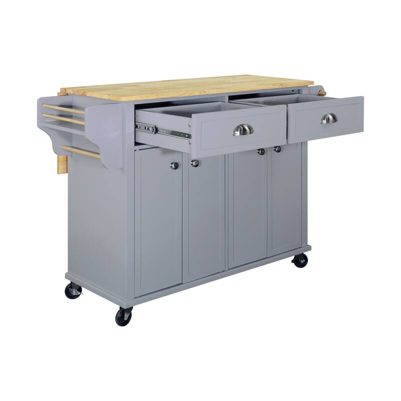 Farmhouse Wood Top Kitchen Island with 2 Drawer & Adjustable Shelves, Movable Storage Kitchen Cart with Spice Rack & Towel Bar