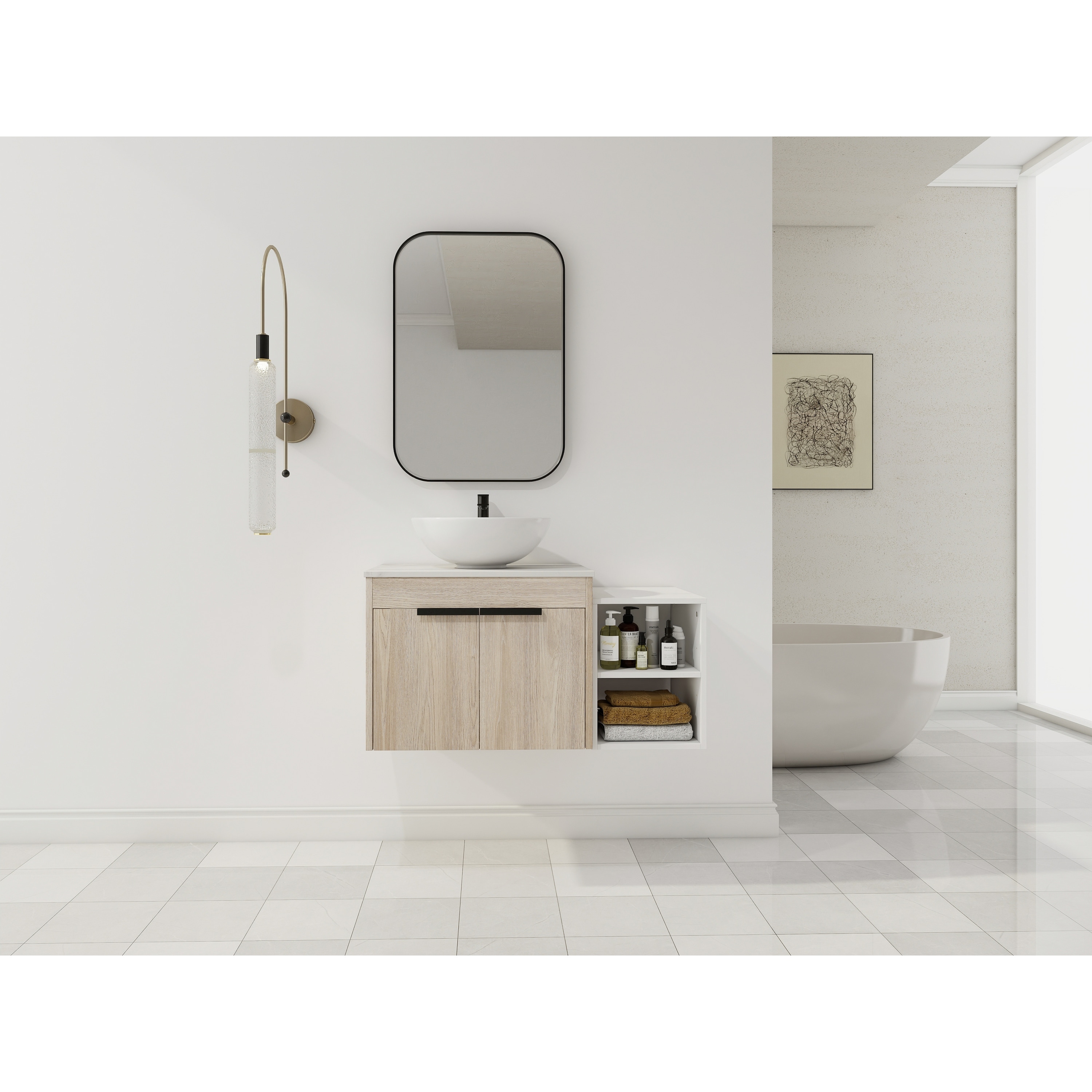 42" Floating Bathroom Vanity with Ceramic Art Sink,Flat Stone Slab,Soft-Close Doors & Adjustable Storage Shelves