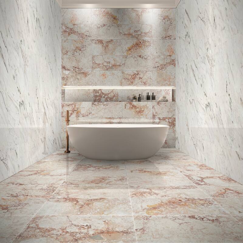 Roomfitters Natural Marble Tile for Wall and Floor, Polished Genuine Stone, 12x24 Marble Tile, 4-Piece Boxe, Pink