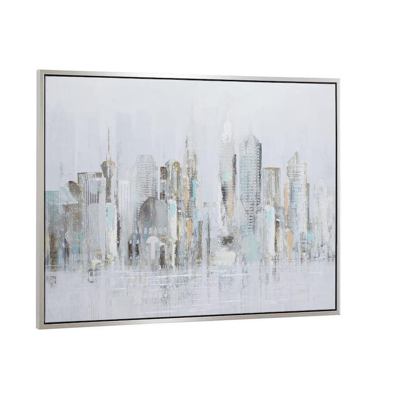Canvas City Buildings Living Room Framed Wall Art with Silver Frame - Gray - Roche River Decor