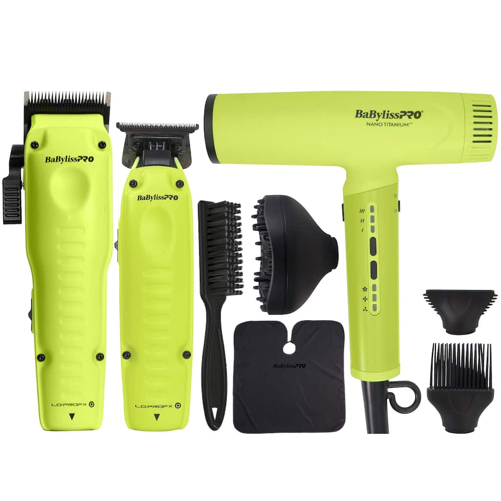 BaBylissPRO FXONE Neon Yellow Clipper FX829 & Trimmer FX729NY + Nano Titanium Light Ionic High Speed Hair Dryer - Neon Yellow