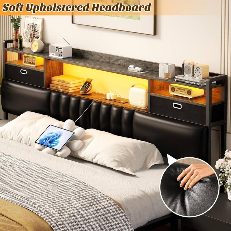 Upholstered Headboard with Drawer Storage and RGB LED Light, Sturdy Headboard with Charging Station ＆ Bookcase