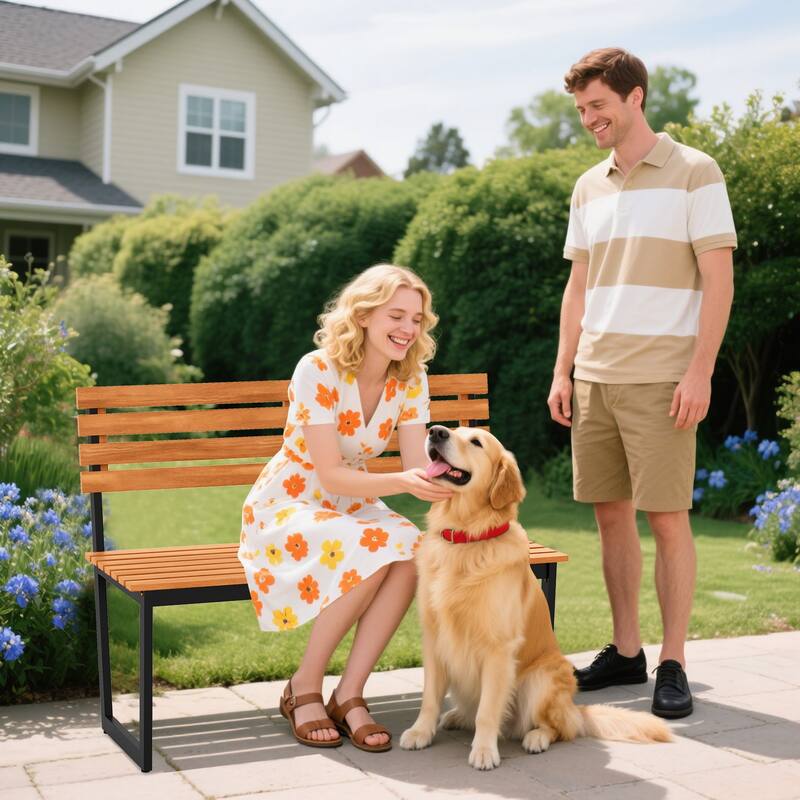 Acacia Wood Outdoor Patio Bench for 2 People with Metal Frame Ergonomic Garden Loveseat Black and Natural - 43" × 22" × 33"