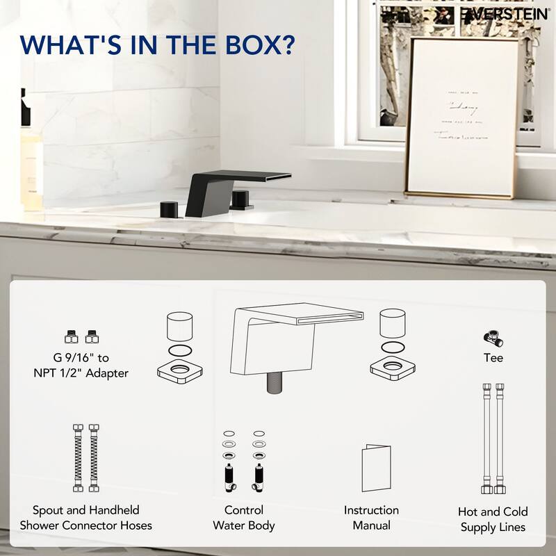 Modern Wide Waterfall Bathtub Faucet, Deck Mount 2-Handle Roman Tub Faucet