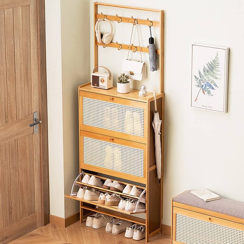 Shoe Cabinet with 3 Rattan Flip Drawers, Bamboo Shoe Storage Cabinet with Coat Hooks, Freestanding Shoe Cabinet Storage