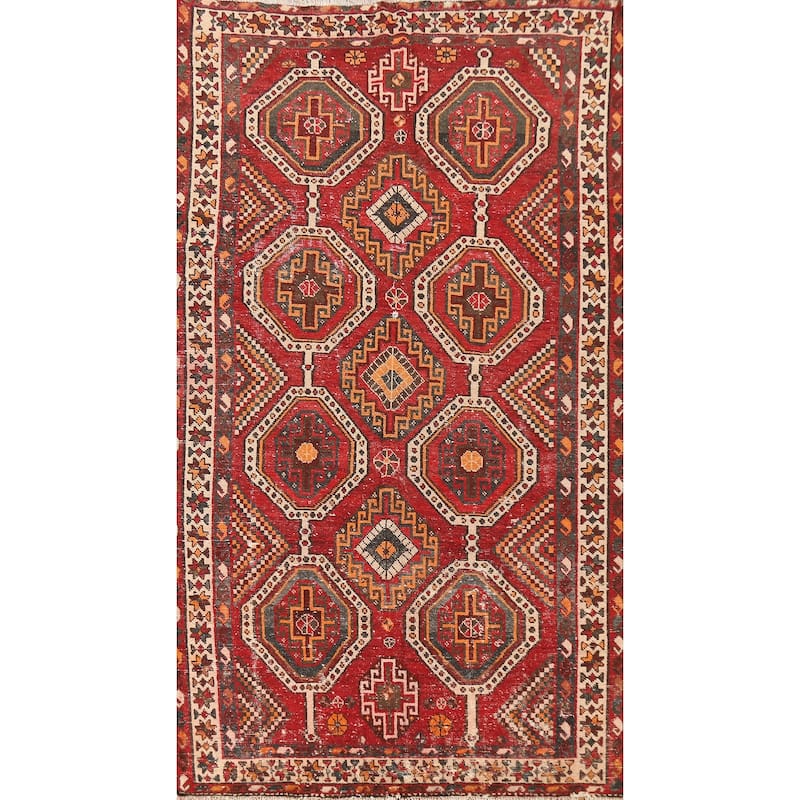 Red Geometric Distressed Bakhtiari Persian Vintage Wool Carpet - 5'0"x 10'1"