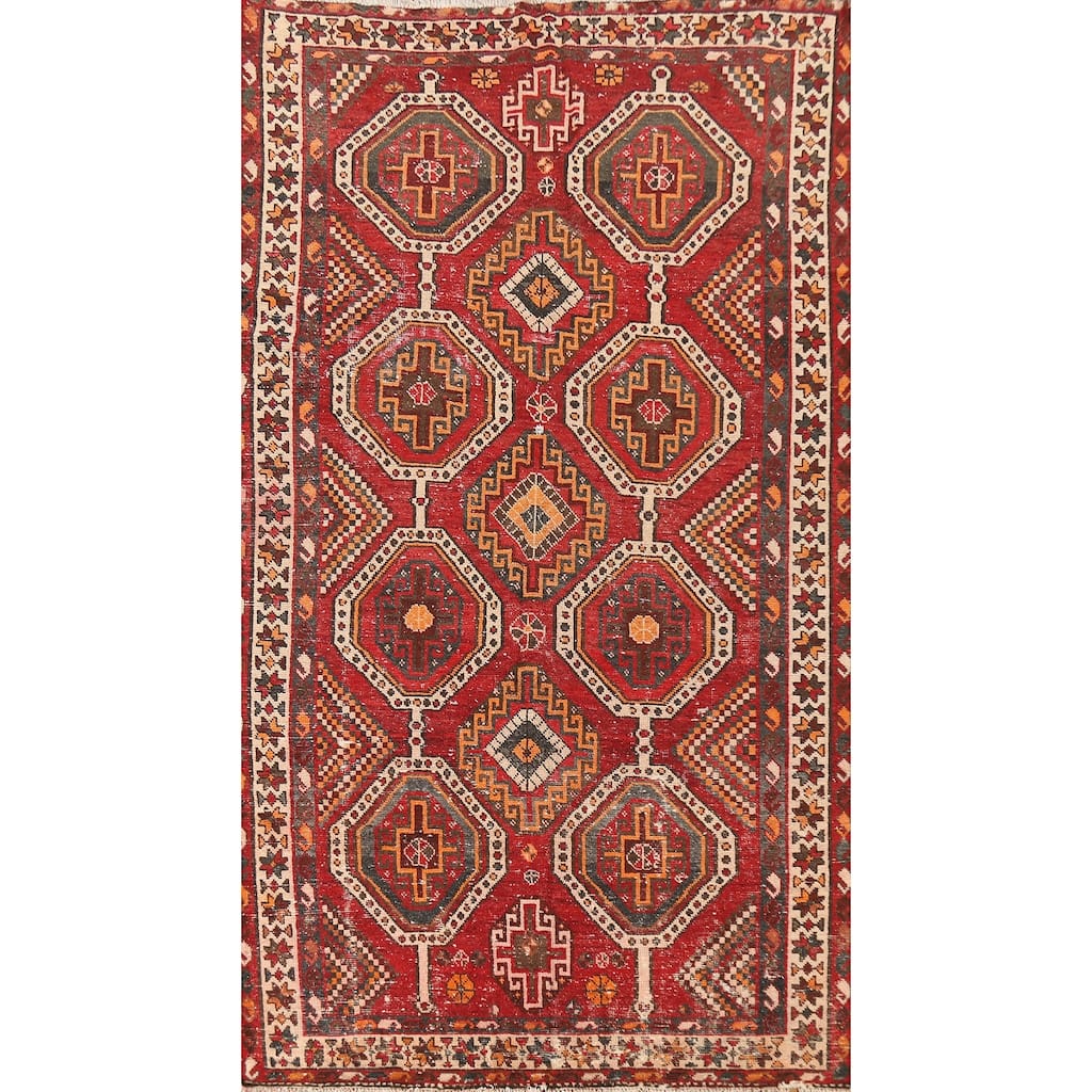 Red Geometric Distressed Bakhtiari Persian Vintage Wool Carpet - 5'0"x 10'1"