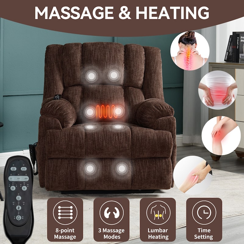 Power Lift Recliner Chair with Dual Motor, Massage and Lumbar Heat, Chenille Upholstery, Infinite Position Adjustment