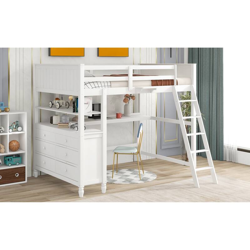 Full Size Wooden Loft Bed with Drawers, Desk, and Shelves in White