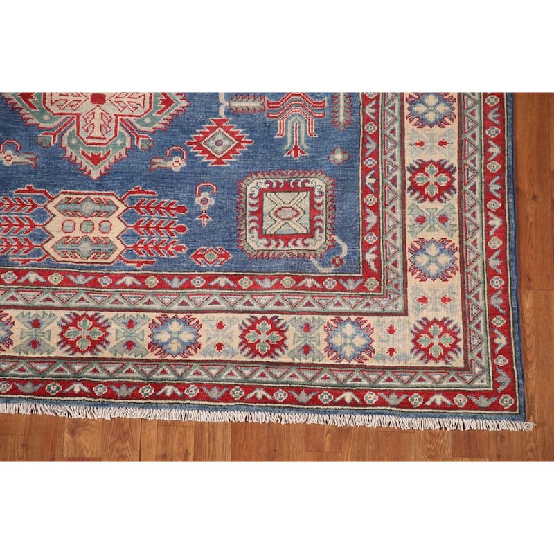 Geometric Kazak Area Rug Hand-Knotted Blue Wool Carpet - 6'7" x 9'8"