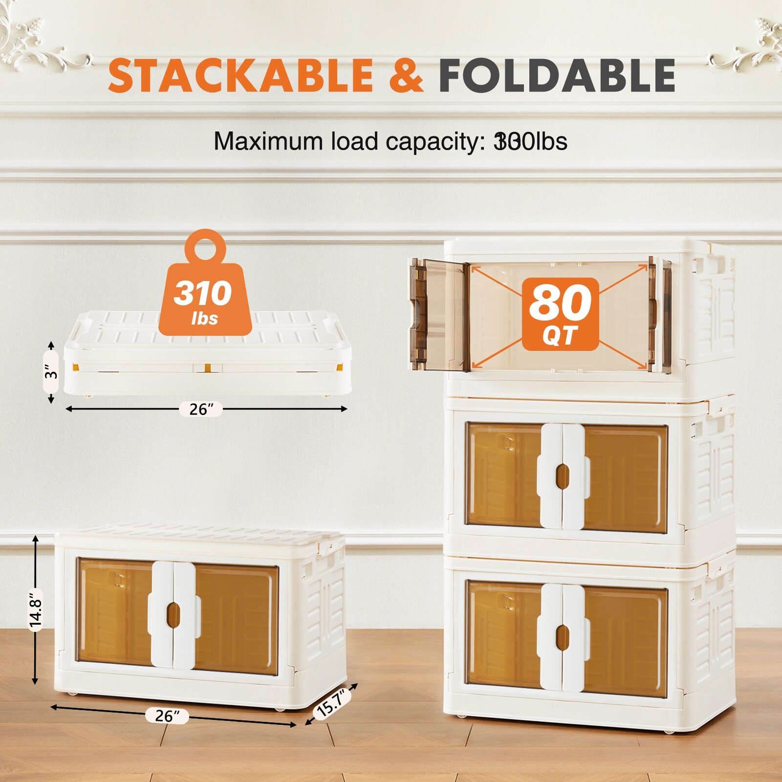 44 Qt Foldable Storage Bins With Lids & Doors – 3-Tier Stackable Organizer, Heavy Duty PP, Wheels