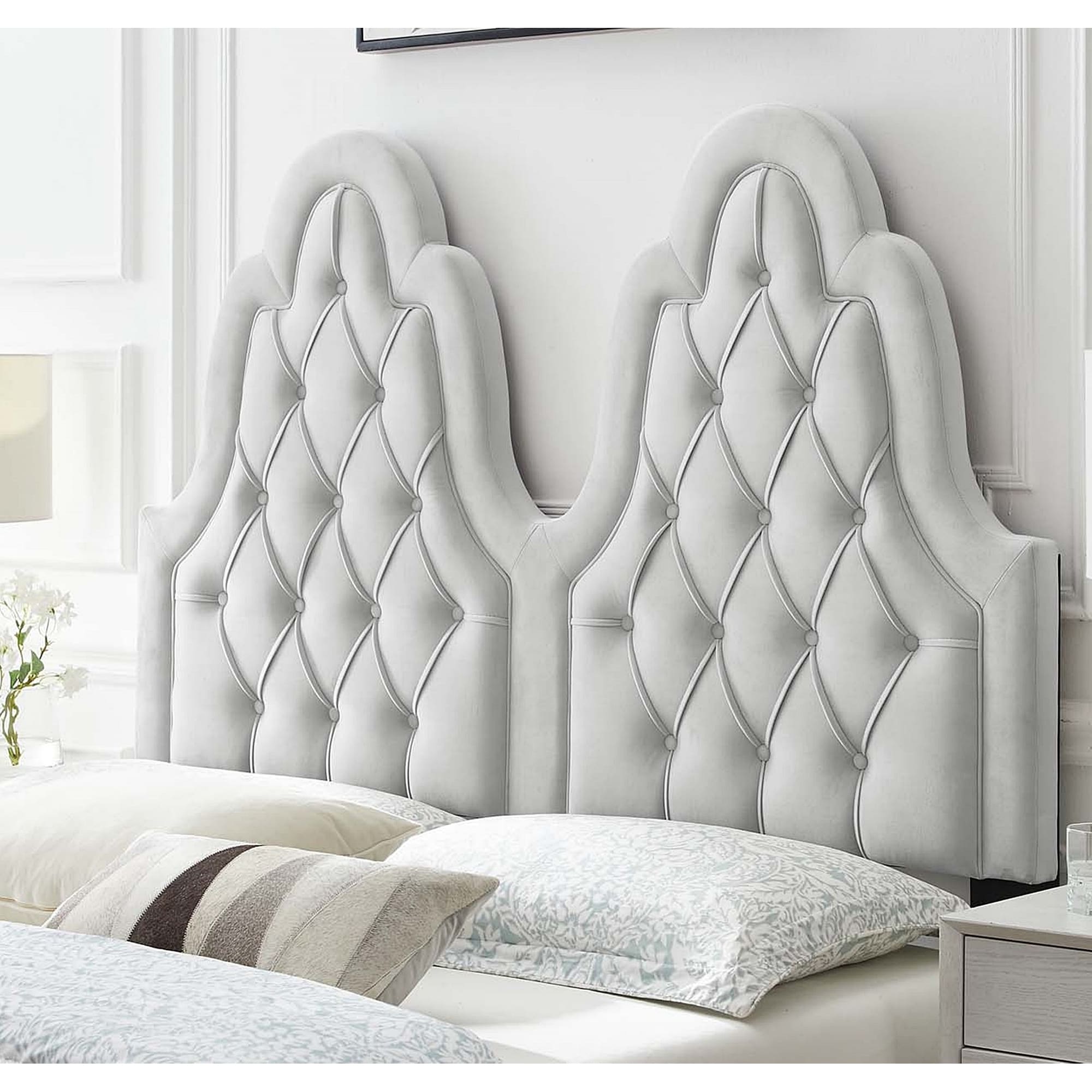 High Arched Button-Tufted Upholstered Fabric Twin Size Headboard in Ivory 