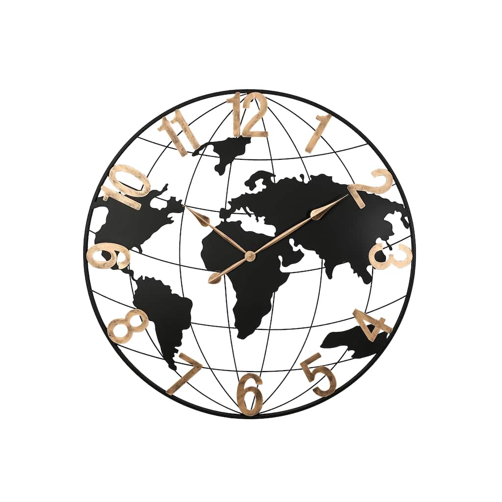 GDFStudio - WorldTime American Vintage Large Metal World Map Wall Clock with Gold Arabic Numerals - 36 Inch